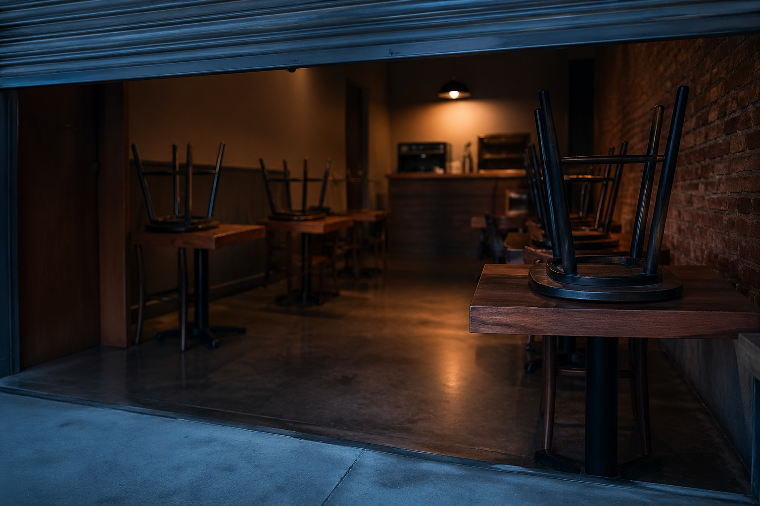 An empty small restaurant interior before opening with chairs upturned on tables, a single warm pendant light, exposed brick wall, and a half-raised metal shutter letting in cold blue morning light