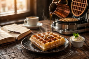 Start a waffle business — a freshly made Belgian waffle with maple syrup being poured from a copper pitcher on a rustic wooden table with a waffle iron and notebook in the background