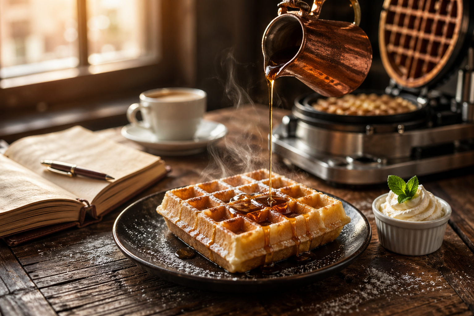 Start a waffle business — a freshly made Belgian waffle with maple syrup being poured from a copper pitcher on a rustic wooden table with a waffle iron and notebook in the background
