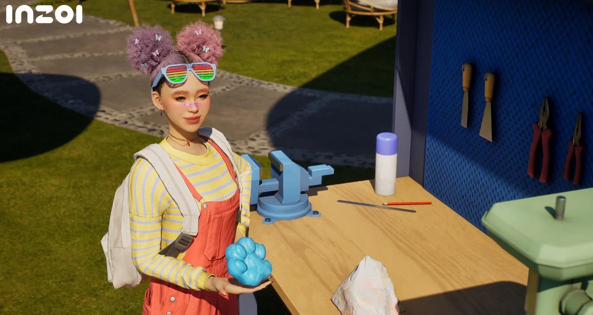 inZOI skills system with character crafting at an outdoor workbench