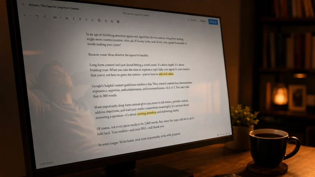 Claude AI writing tool producing a clean long-form draft with minimal edits on a monitor screen