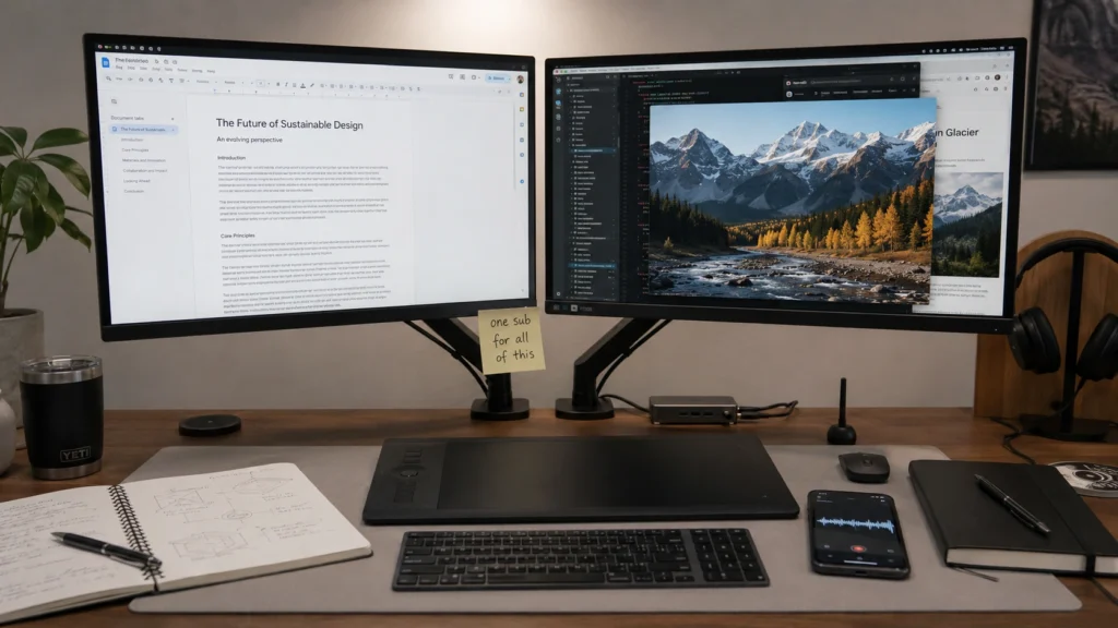 ChatGPT all-in-one AI tool showing writing, image generation, and code on dual monitors