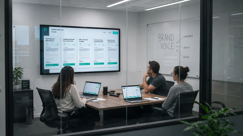 Jasper AI brand consistency tool showing unified content across team screens in a conference room