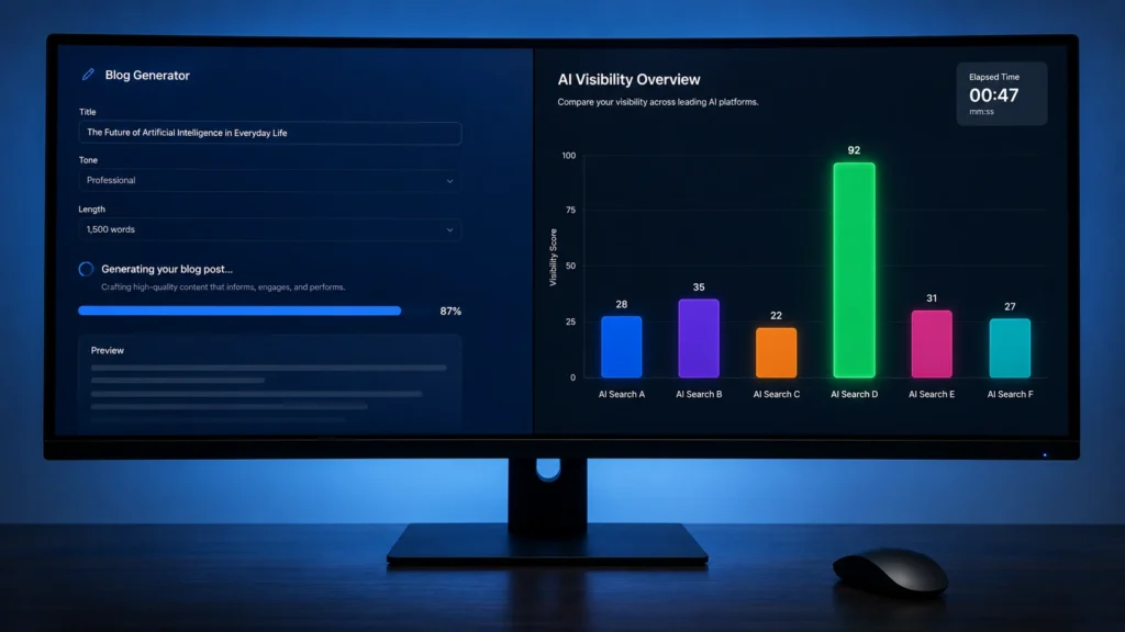 Writesonic AI SEO and GEO content tool showing blog generation and AI search visibility tracking on an ultrawide monitor