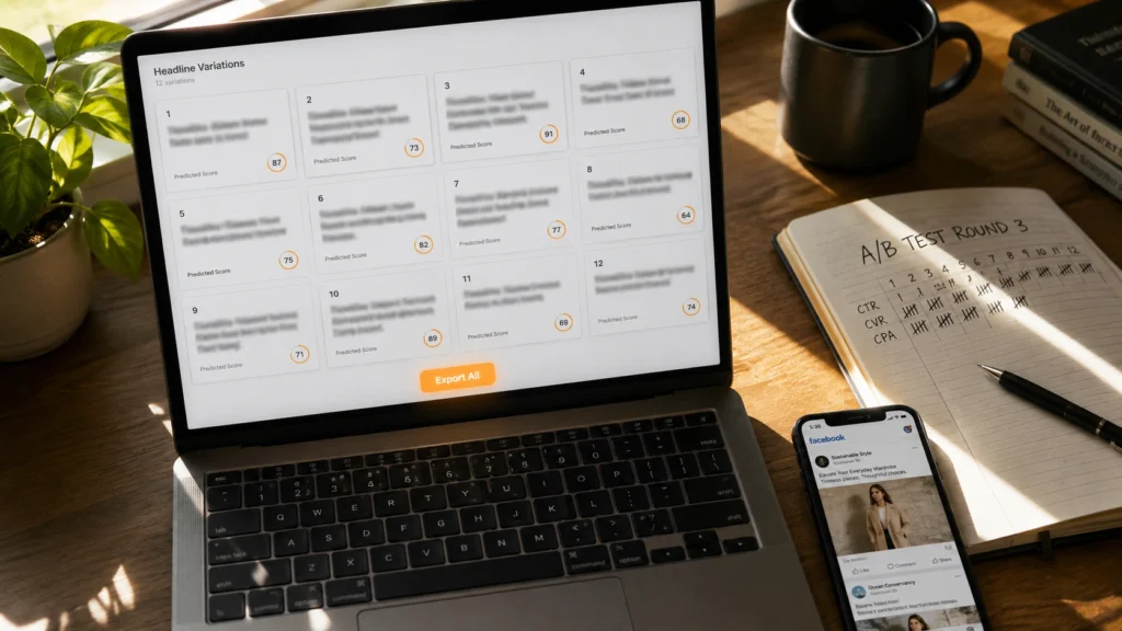 Copy.ai short-form marketing copy tool generating twelve ad headline variations on a laptop screen
