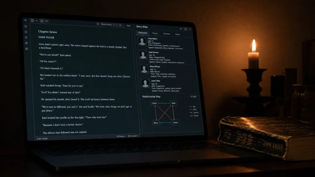 Sudowrite fiction writing AI tool showing novel manuscript and Story Bible character profiles on a laptop screen