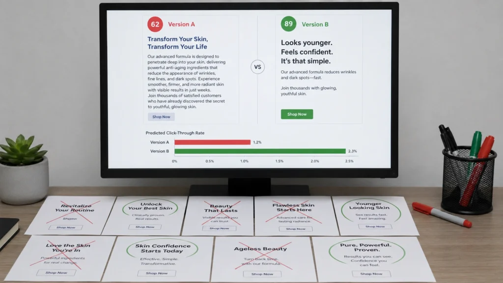 Anyword AI ad copy scoring tool comparing two copy versions with predictive performance scores on a monitor
