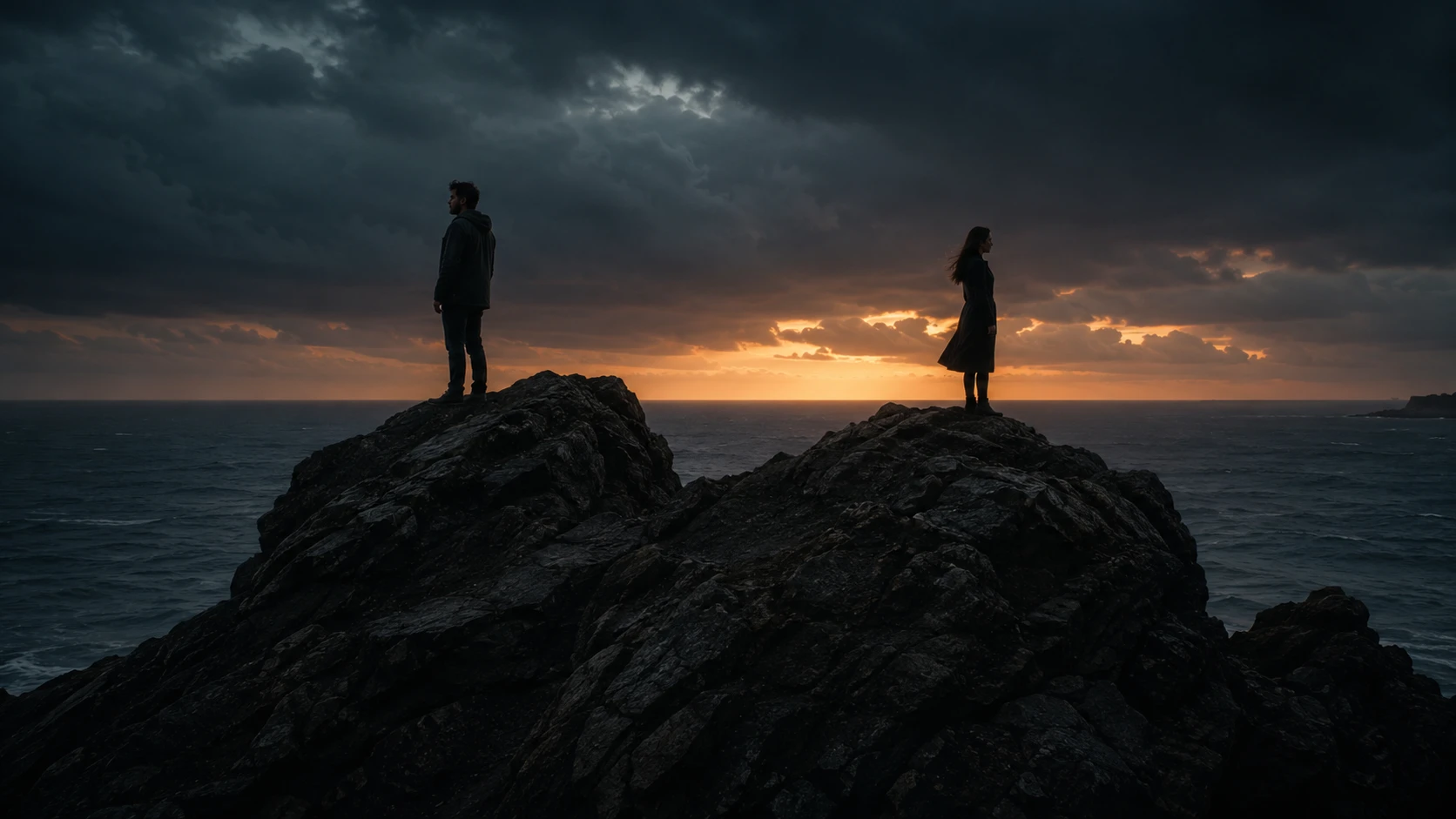 Best blood feud drama series, two silhouetted figures standing on opposite sides of a stormy cliff overlooking a dark sea at dusk