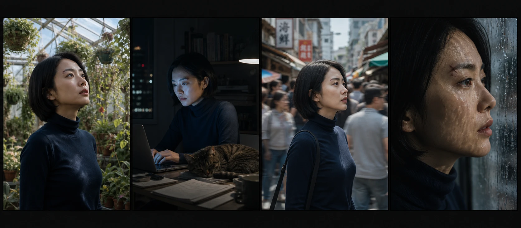 Same character maintaining consistent appearance across multiple different scenes