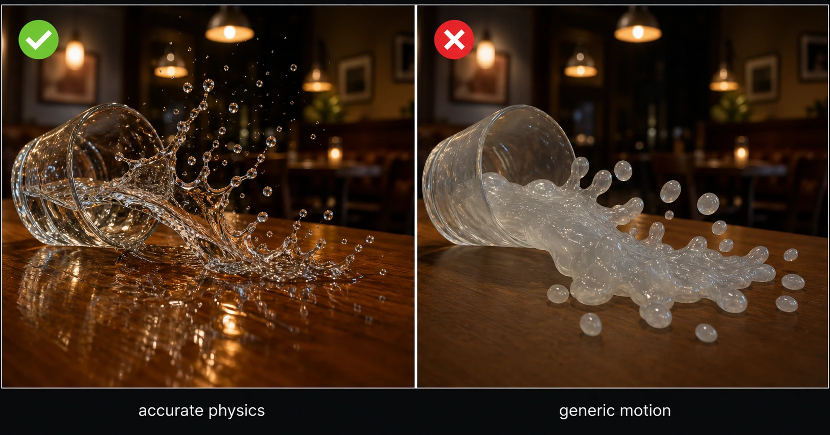 Side-by-side comparison showing AI-generated water physics and motion quality