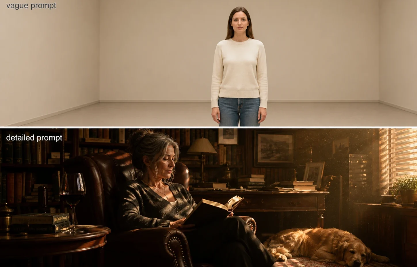 Comparison between a vague prompt and a detailed prompt producing dramatically different AI video results