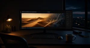 which AI video generator to use — a cinematic scene being rendered from a text prompt on a dark editing studio monitor