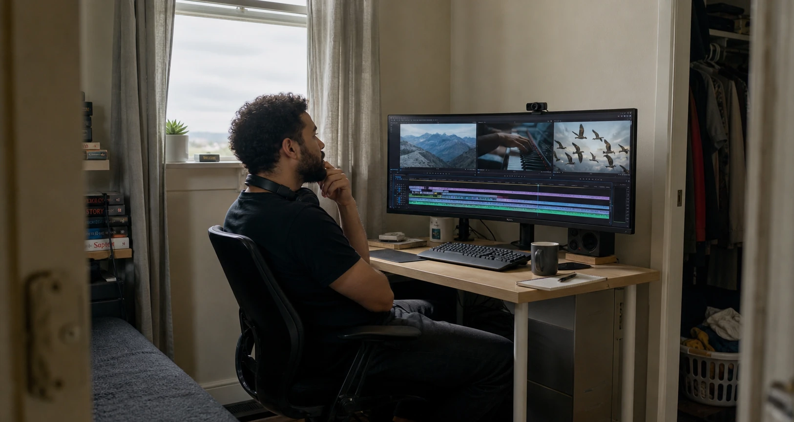 Solo creator working with AI video tools producing professional-quality content from a simple home setup