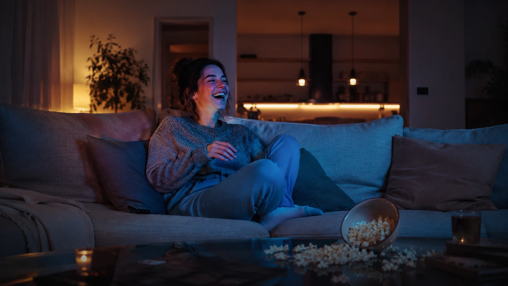 comedy movies for every mood — person laughing on a sofa while watching a film at night