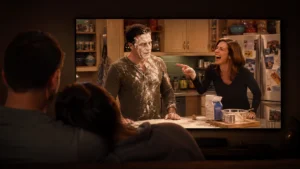 Best Turkish comedy series viewing experience with friends laughing at a sitcom scene on TV screen