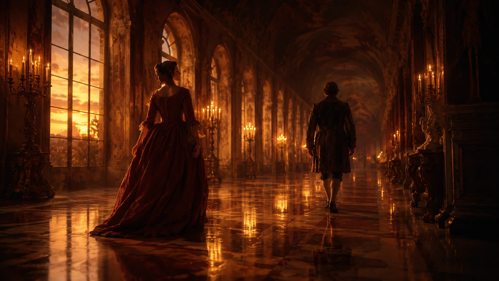 Shows like Bridgerton: period romance series featuring two silhouettes in a candlelit grand hallway