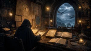 Best fantasy series 2025 2026 mountain library with dragons and floating lights